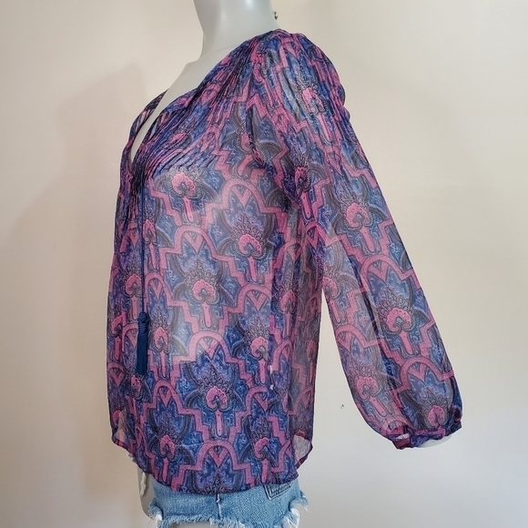 3/$30 ❤️ 𝅺joie Bohemian Sheer Paisley Print Silk Pop Over Blouse Size XXS - Picture 8 of 14
